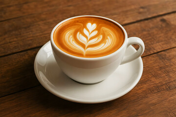 Cappuccino with Leaf Latte Art in White Cup on Wooden Table
