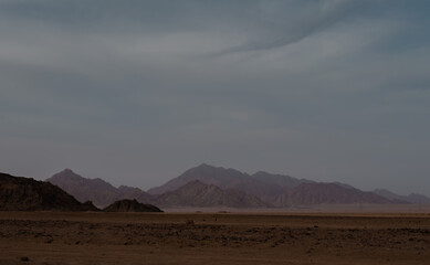rocky mountains and desert landscape and sunset sky in Egypt