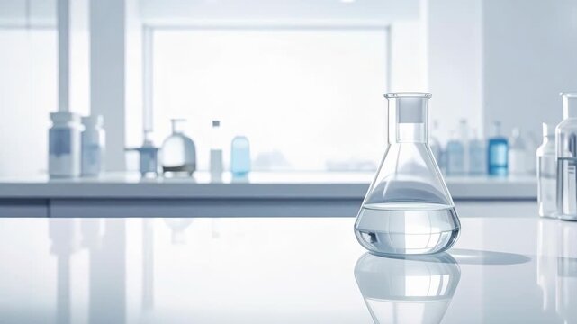 Glass flask holding clear liquid in modern science laboratory background, focused scene for medical chemistry research and biotechnology development innovation