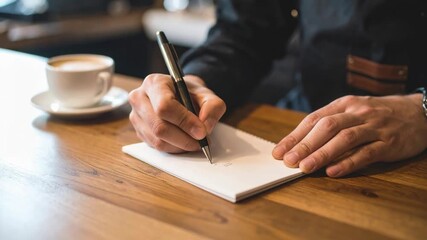 Focused businessman deeply concentrated, writing detailed note with pen about pressing labor market shortages. thoughtful man at wooden table with coffee plans business strategy