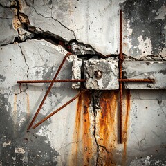Cracked Concrete Wall with Rusty Metal Reinforcement and Stains.