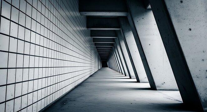 Long Dark Tunnel With Tiled Walls And Concrete Pillars abstract architecture