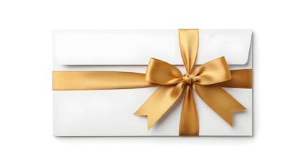 Fototapeta premium White gift envelope with elegant golden satin ribbon and bow, perfect for special occasion greetings and celebration.