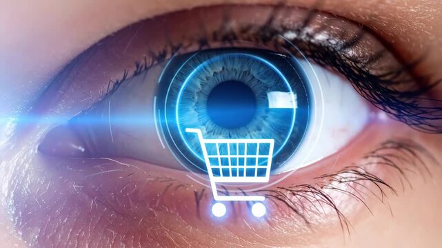 Conceptual futuristic vision of human eye with glowing shopping cart icon representing online e commerce, digital technology, biometrics and future of consumer retail