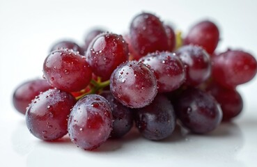 Close up photo presents fresh grapes covered with water drops. Juicy berries indicate fruit is recently washed. Grapes are fresh produce, healthy snack. Grapes can be ingredients for juice production.