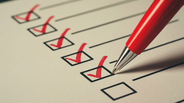 Red pen marking checklist box for task completion and project management
