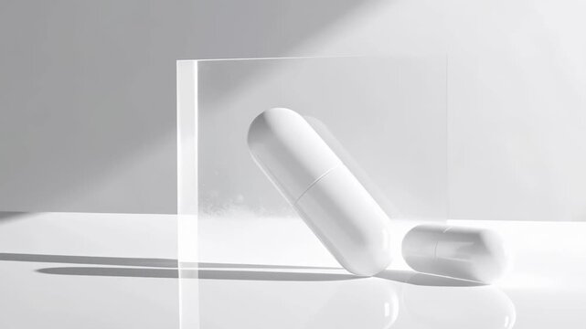 Serene white capsule and pill on minimal modern background, clean abstract composition with soft light for calm health and medicine concept promoting wellness