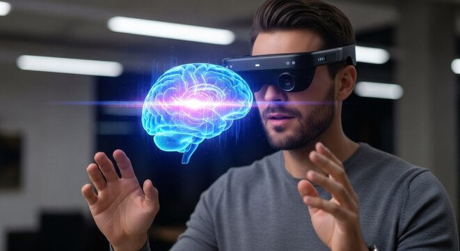 Augmented Reality Glasses Displaying Advanced Brain Scan Hologram - Powered by Adobe