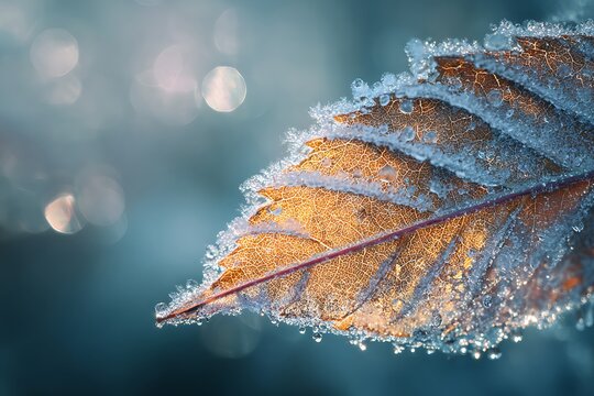 Frozen Autumn Leaf Macro Shot of Ice Crystals and Water Droplets on Leaf Veins