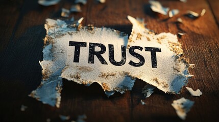 A torn piece of paper with the word "TRUST" prominently displayed, creating a sense of authenticity and vulnerability.