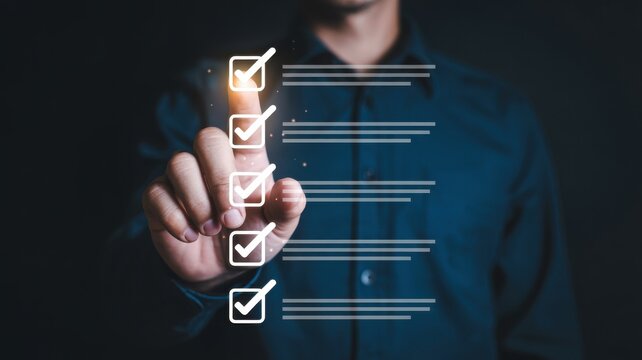 Businessman touching digital checklist on virtual interface in dark background