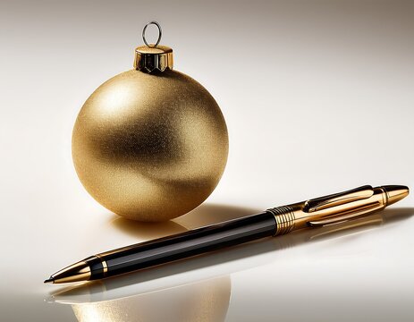 Golden Christmas Bauble and Pen on a Reflective Surface, Festive and Professional Studio Shot