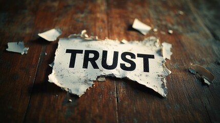 A torn piece of paper with the word "TRUST" prominently displayed, surrounded by fragments, resting on a rustic wooden surface.