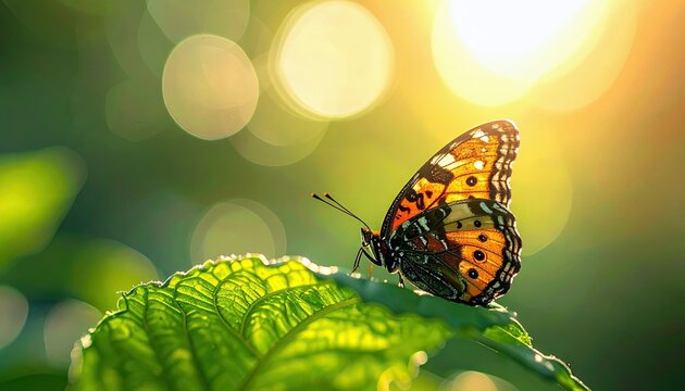 A butterfly with orange, black, and white markings sits on a textured green leaf, illuminated by warm sunlight.