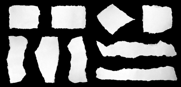 A collection of torn white paper pieces isolated on a black background, showing rough edges and unique shapes, perfect for collage design, scrapbooking, creative layouts, digital art, and graphic