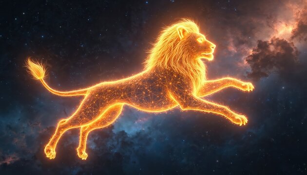 Glowing lion constellation figure made of orange light wireframe leaps across starry cosmic space with nebula clouds. Celestial Leo sign brightens dark universe sky background.