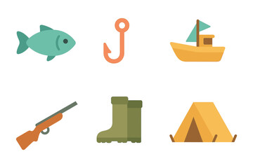 Obraz premium Outdoor adventure elements: flat icons of camping, fishing, and boating essentials