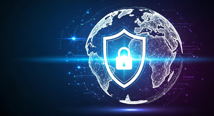 Global Security Data Protection Cyber Network Blue Background Copy Space