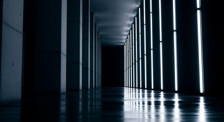 Dark modern hallway with vertical white LED lights and reflections corridor contemporary