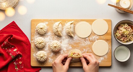 Fototapeta premium Homemade Dumplings Being Prepared with Fresh Ingredients on a Wooden Board