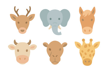 Fototapeta premium Flat style animal faces: deer, elephant, horse, cow, camel, giraffe icons