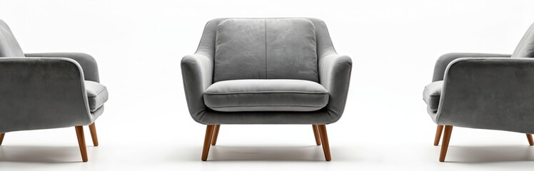 Three gray velvet armchairs with wooden legs shown from front and side angles. Minimalist mid-century modern accent chairs. Comfortable modern furniture for stylish living room.