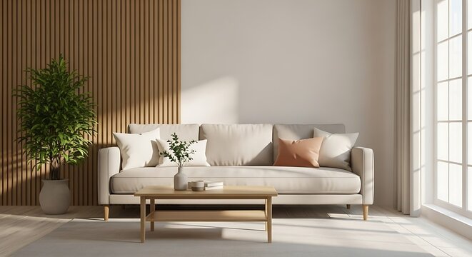 Cozy Living Room with Sofa, Coffee Table, and Potted Plant interior couch - Powered by Adobe
