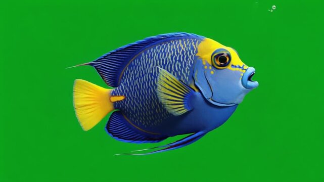 Animated blue and yellow fish blowing bubbles on a green background in a cartoon style green screen fish video