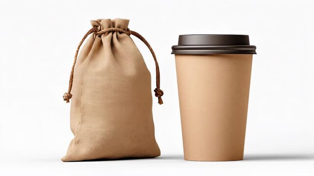 Beige drawstring bag and a disposable coffee cup with a dark lid on a white background.