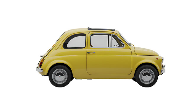 Classic yellow fiat 500 car side view with sunroof and tinted windows