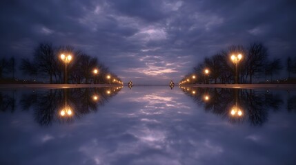 A symmetrical reflection of lampposts and trees along a wet path under a dramatic twilight sky