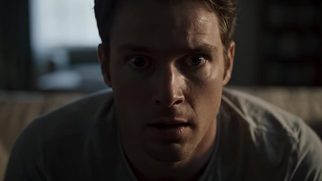 man sits on couch in room near window. face in detail. eye directed forward. tshirt rests on sofa cushion. bookshelf stands in livingroom behind. hand rests on knee. jawline present. lamp near window.