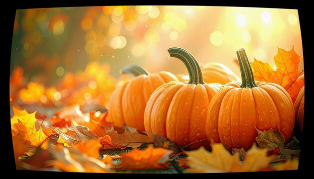 A close-up view of three bright orange pumpkins surrounded by fallen autumn leaves, with a soft, blurred background of warm bokeh lights. - Powered by Adobe