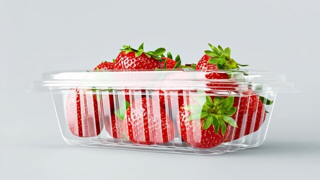 Fresh ripe red strawberries packed in a clear plastic container on a plain light grey background.
