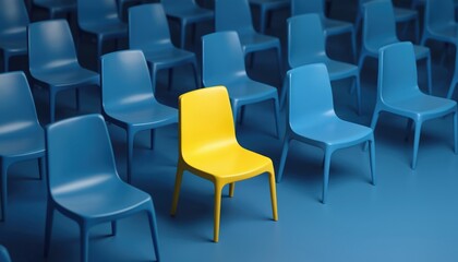 Obraz premium Isolated yellow chair stands apart from sea of blue chairs. Minimalist composition highlights contrast, individuality against uniformity. Image suggests uniqueness, rebellion within structured