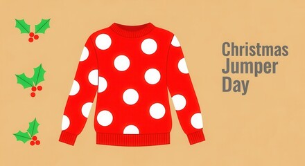 Illustration for Christmas Jumper Day with a red polka dot sweater. Festive holiday clothing with holly decoration. Seasonal charity event graphic with copy space for text