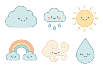 Obraz premium Cute weather icons with smiling clouds and sun in pastel colors