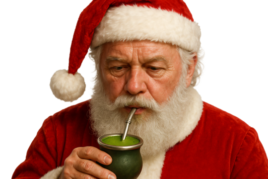 Santa Claus drinking matcha tea. Christmas lifestyle designs. Holiday fun concepts. Winter graphics.