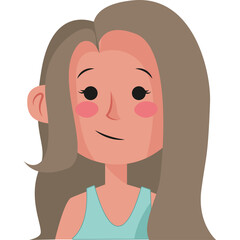 Cartoon Portrait Of A Young Woman With Long Brown Hair Wearing A Light Blue Tank Top With Rosy Cheeks And A Content Expression Isolated On A White Background