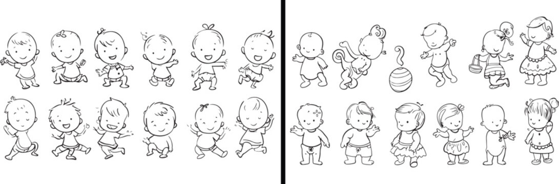 Cute Baby Doodle Art, Toddler Character Vector, Children Illustration Sketch, Kids Drawing Design, Baby Cartoon Outline, Happy Infant Clipart, Adorable Kids Cartoon, Childhood Fun Line Art, Baby Faces