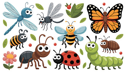 Fototapeta premium Whimsical collection of cute cartoon insects and bugs with playful expressions