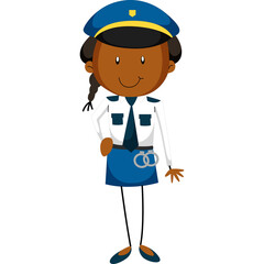 Cartoon Police Woman Officer Standing Uniform Blue White Hat Handcuffs Profession