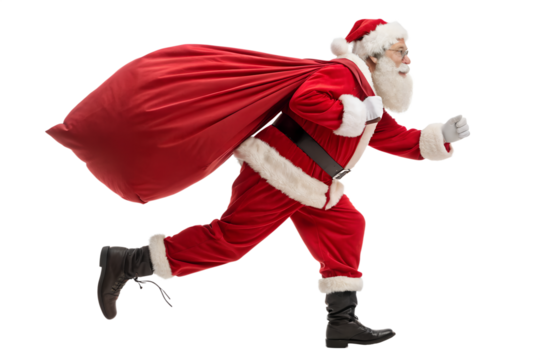 Santa Claus running with a huge red bag full of Christmas gifts, isolated on white background. Funny festive concept of Christmas delivery, holiday rush, and gift giving. Perfect for winter advertisin - Powered by Adobe