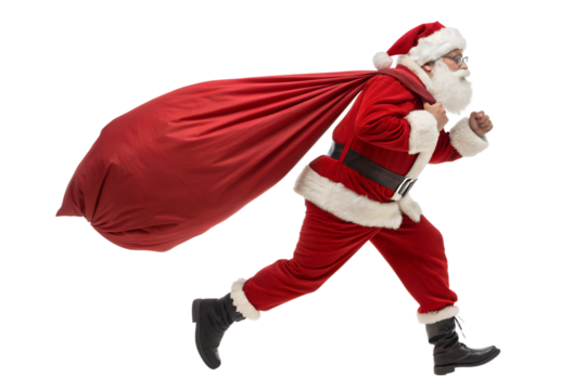 Santa Claus running with a huge red bag full of Christmas gifts, isolated on white background. Funny festive concept of Christmas delivery, holiday rush, and gift giving. Perfect for winter advertisin