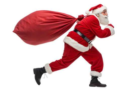 Santa Claus running with a huge red bag full of Christmas gifts, isolated on white background. Funny festive concept of Christmas delivery, holiday rush, and gift giving. Perfect for winter advertisin - Powered by Adobe