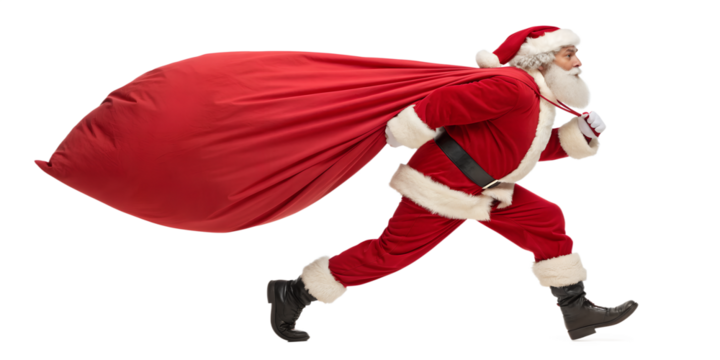 Santa Claus running with a huge red bag full of Christmas gifts, isolated on white background. Funny festive concept of Christmas delivery, holiday rush, and gift giving. Perfect for winter advertisin