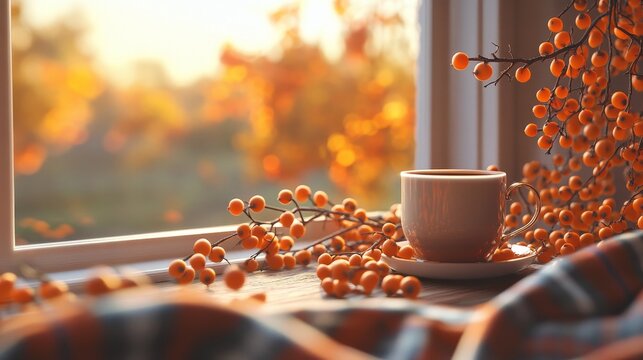 The seasonal scene in the park is set with dry autumn foliage, a colorful knitted scarf, a warm cup of coffee, a cozy sweater, and an old book, with the addition of a sea buckthorn twig in a warm,