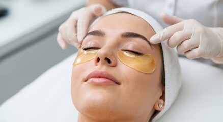 Woman in spa salon receiving eye patch treatment. Cosmetologist applying under-eye mask to woman. Skincare and beauty procedure for anti-aging.