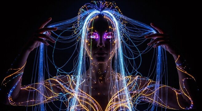 Woman in glowing fiber optic light. Future digital technology and artificial intelligence concept. Global network connection for communication.