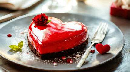 Heart-shaped dessert, romantic celebration, red glaze, valentines dining, sweet romantic dessert, love-themed confectionery. special offer for St. Valentine's Day, restaurant, confectionery menu. 